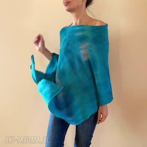 Ponczo z alpaki turkusowe i niebieskie - handmade, unikat art-Madam.pl