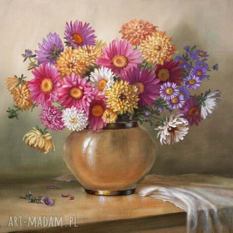 Astry - ręcznie malowany obraz olejny 50x60 cm na płótnie (sygnowany) - Lidia Olbrycht