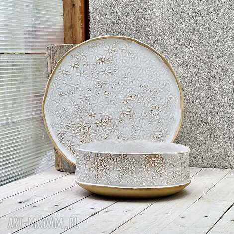 ceramika duża misa i patera w margerytki, naczynia do serwowania, prezent