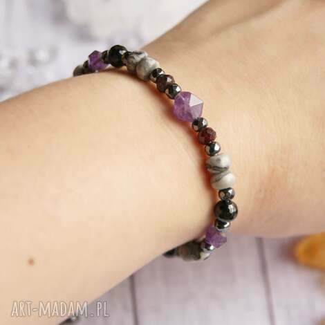 Bransoletka BARAN Premium - ametyst, granat i czarny turmalin z kamieni naturalnych - handmade