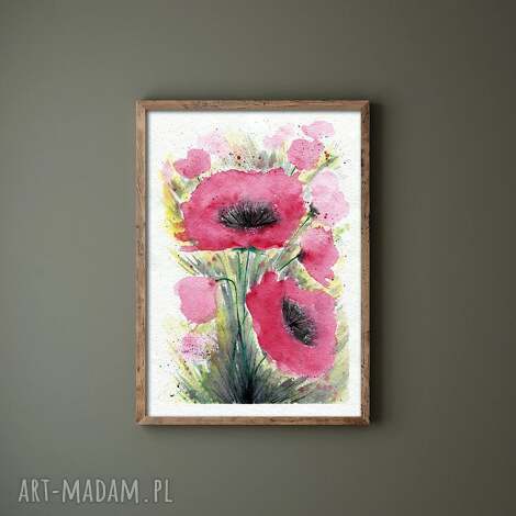 oryginalna akwarela A4 maki na łące, plakat, łąka