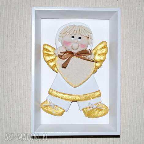 pamiątka dla tolka - obrazek, anioł z masy solnej w ramce, aniołki serce