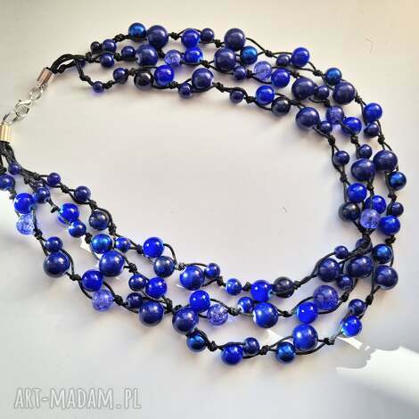 kobalt naszyjnik sznurek i szkło naszyjnik monochromatyczn, korale na sznurku