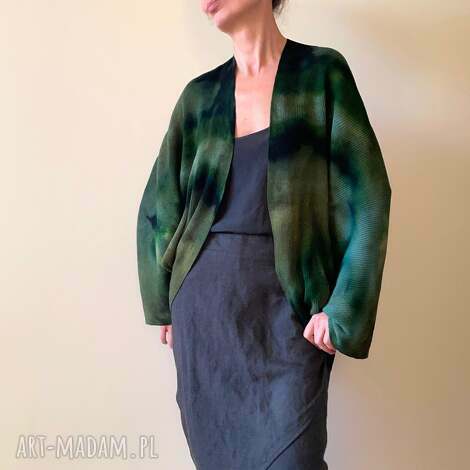 sweter/bolerko z wełny merino w zieleniach kardigan one size unikat
