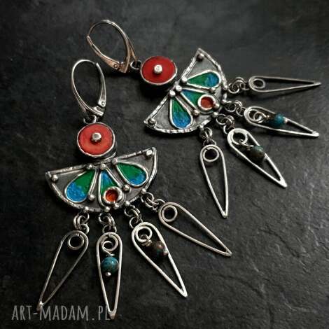 Kolczyki Maroko ze srebra i miedzi - długie metaloplastyka boho
