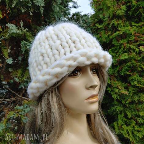 czapka kapelusz ze 100 wełny merynosa, czapka grube sploty, wielka z merynosa