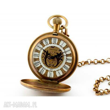 Złota busola III - naszyjnik zegarek ręcznie nakręcany w brązie, prezent z pudełkiem