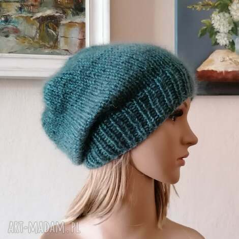 ręcznie na drutach - rozbielone szmaragdy - miła, ciepła czapka z jedwabiem