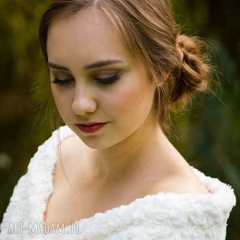 szla ślubny dzianinowy kremowy szal, bolerko do ślubu, futro, futerko ślubne