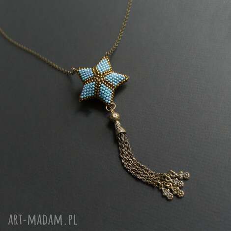naszyjnik z wisiorem - turkusowa gwiazda przestrzenna, chwost, mosiądz, wisiorek