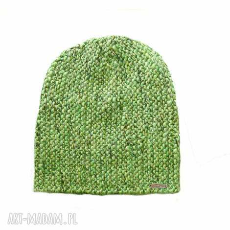 Czapka beanie melanż zielona - Mon Du, ręcznie dziergana z alpaki