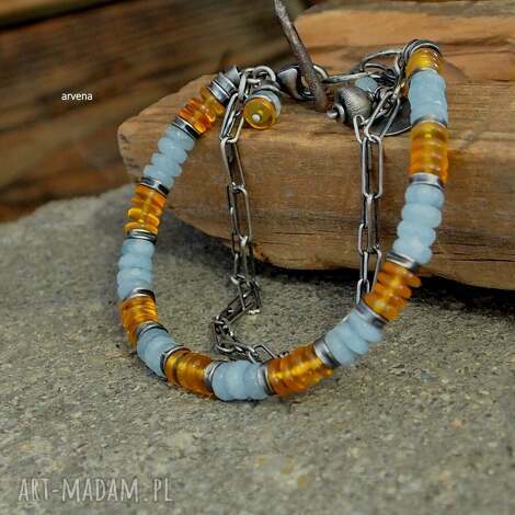Bransoletka z bursztynem bałtyckim i akwamarynem - srebro oksydowane 925, charms (handmade)