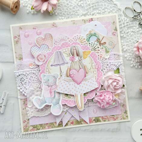 Handmade kartka z Tildą różowa Shabby Chic - prezent dla niej