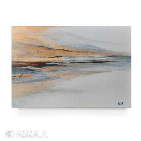 Pejzaż - obraz akrylowy 20x30 cm na płótnie, sygnowany, bez ramy, złoto szarość i niebieski