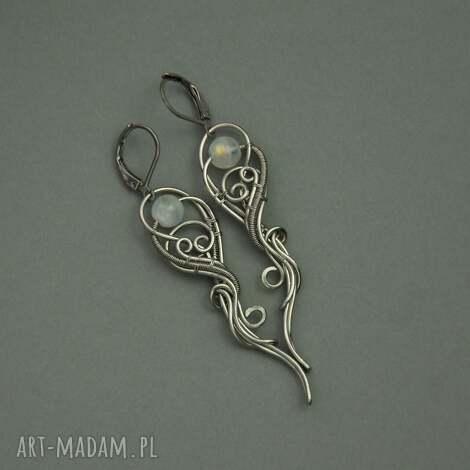 Długie kolczyki z kamieniem księżycowym 6,7 cm - wire wrapping