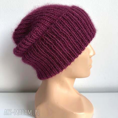 Ręcznie robiona czapka beanie Aurea z baby merino, moherem i jedwabiem - wrzos