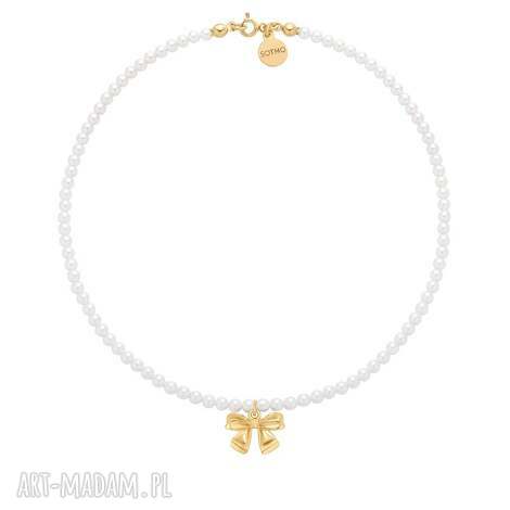 Złoty naszyjnik z białych pereł Swarovski Crystal z kokardką