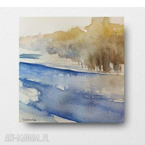 Pejzaż z akwareli 15x15 cm - kwadratowy obraz ręcznie malowany