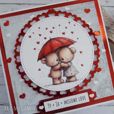 Kartka na Walentynki z misiami pod parasolką - scrapbooking (ręcznie robiona)