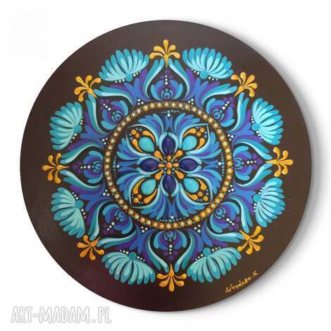 Mandala z turkusami i lapis lazuli 40 cm - ręcznie malowany obraz akryl + kamienie naturalne