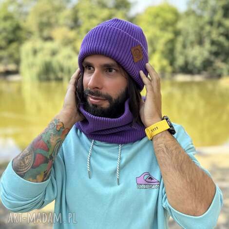 Fioletowa męska czapka beanie Brain Inside z bawełny - handmade 2w1