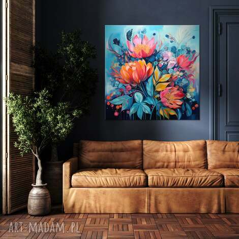 niebieski obraz z kwiatami - kwiaty wydruk na płótnie 60x60 cm duży