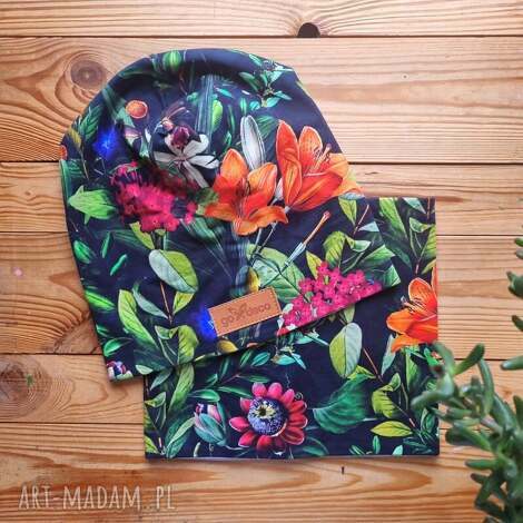 kolorowe kwiaty zestaw komin i czapka - dresówka, wiosenna kwaity