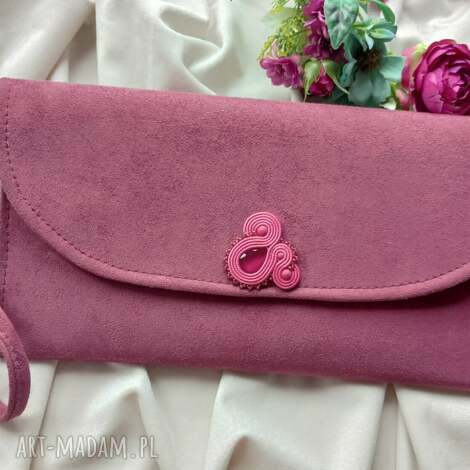 Ręcznie robiona kopertówka Mauve i brudny róż - haft soutache, sutasz, 15x30 cm