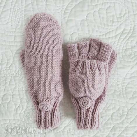 rękawiczki flap z jedwabiem, klapka, mitenki dziergane, jednopalczaste, jedwab