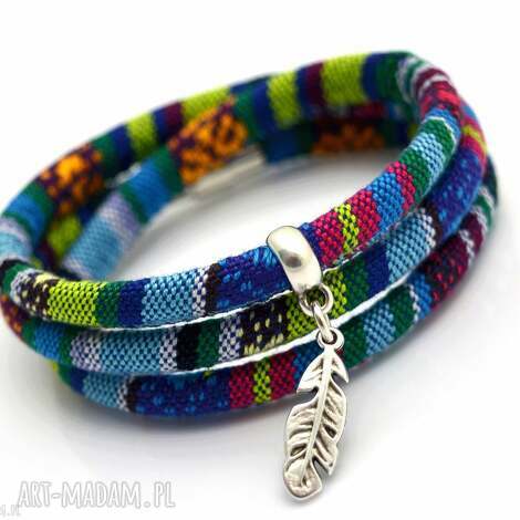 Bransoletka boho magnetoos z piórkiem - turkusowa potrójna