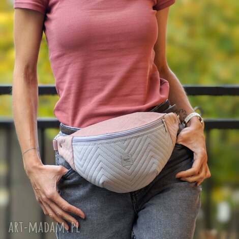 szaro - różowa nerka l, biodrówka, saszetka midi prezent, pluszowa