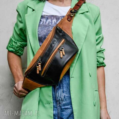 duża skórzana nerka w kolorze kamelowym oraz czarnym od ladybuq art