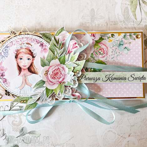 Czekoladownik na Pierwszą Komunię Świętą dla dziewczynki - ręcznie robiona kartka scrapbooking