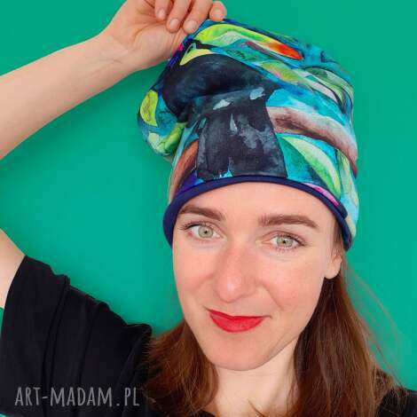 cienka bawełniana czapka z egzotycznym motywem, ciepła czapka, akwarela, kolorowa