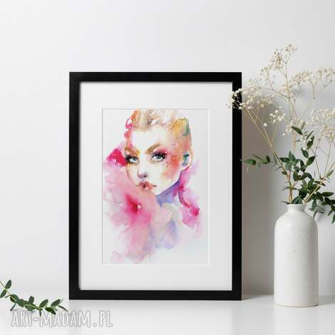 Mia - plakat A4 glamour z akwarelowym portretem kobiety (fiolet i róż) - limitowana edycja