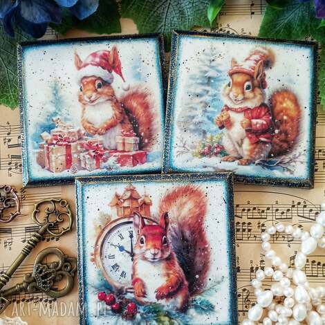 świąteczne podkładki decoupage z wiewiórkami farmhouse, święta, vintage, shabby