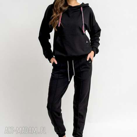 komplet dresowy damski emi czarna, bluza z kapturem, spodnie dresowe czarne