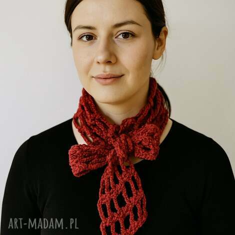 splotomaniaa: wąski ażurowy szalik naszyjnik ozdoba na szyję czerwień, bawełniany