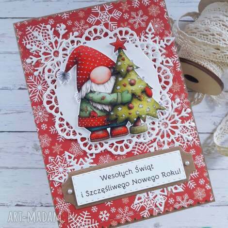 kartka świąteczna z gnomem 3, wesoła kartka świąteczna, fajna