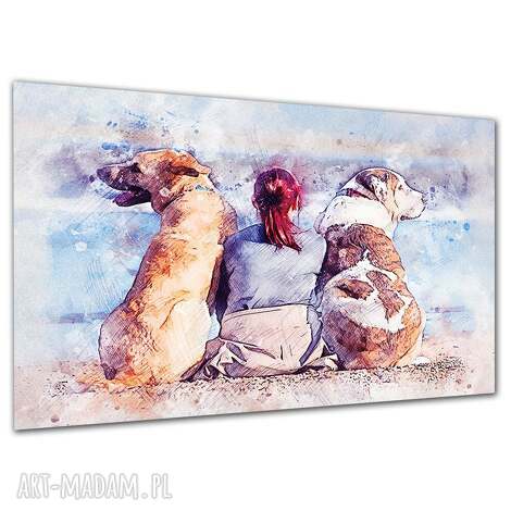 Obraz na płótnie kobieta z psami nad morzem 120x80 cm