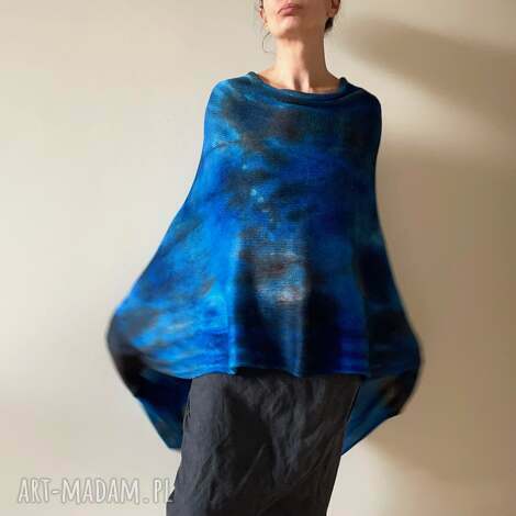 ponczo z wełny merino niebieskie, narzutka tunika, one size, prezent