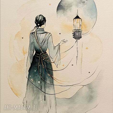 Światło wieczności - kobieta z lampą, oryginalna akwarela 31 x 23 cm