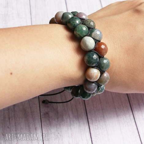 Agatowa masywna pleciona bransoletka z hematytem - regulowana, handmade