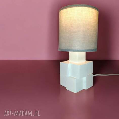 Lampka nocna White Cube - bukowe drewno i szary klosz (shabby chic, minimalizm)