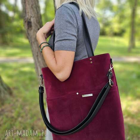 torba shopper w kolorze bordowym - welur, torebka, listonoszka kobiety
