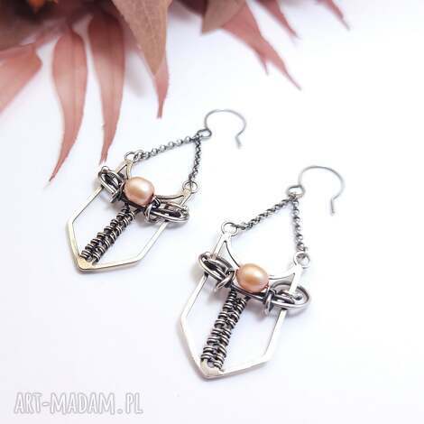 Srebrne kolczyki z różową perłą (srebro 925) - wire wrapping ręcznie robione