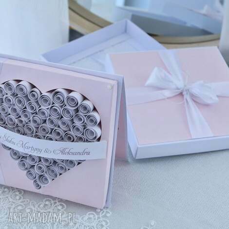 kartka ślubna w pudełku - personalizowana delikatnym różu wyjatkowy prezent