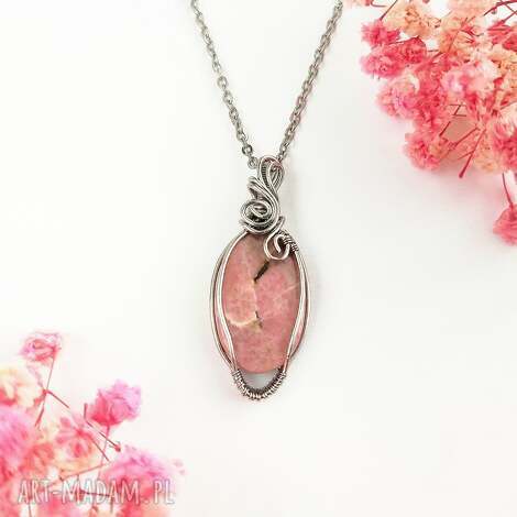 naszyjnik rodonit stal chirurgiczna wisiorek handmade wirewrapping biżuteria