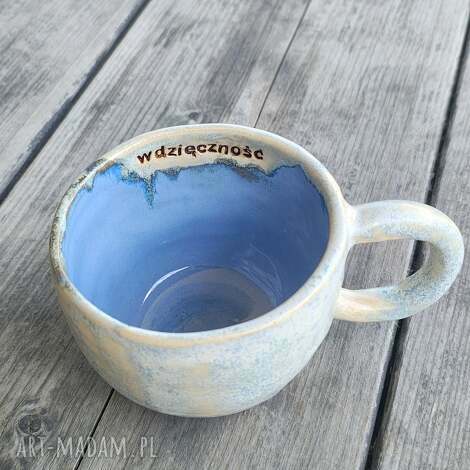 Kubek ceramiczny handmade 250 ml „wdzięczność” z gliny - błękit i beż