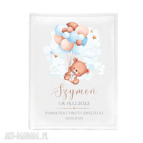 niebieski miś babyshower chrzest roczek pamiątka kartki, album na zdjęcia